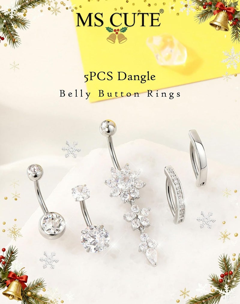 MS CUTE 5PCS Belly Button Rings for Women 14G Dangle Navel Piercing Jewelry Set Surgical Stainless Steel Body Jewelry with CZ Butterfly Flower Teardrop Barbell for Beach Festival Daily - Image 2